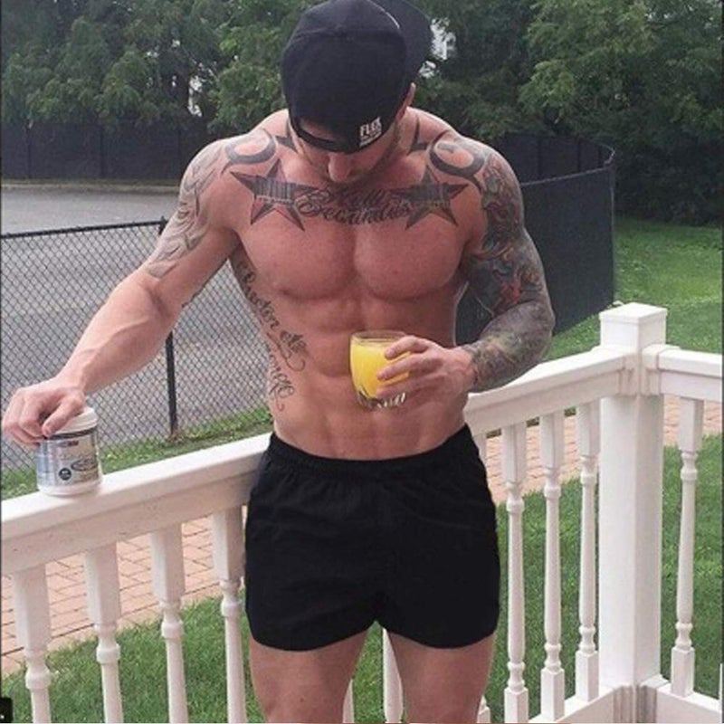 JEEING GEAR Men's Bodybuilding Gym Workout Fitness Shorts 3" Inseam inch Cotton Without Pocket Black Yellow 2pcs M - Image 4